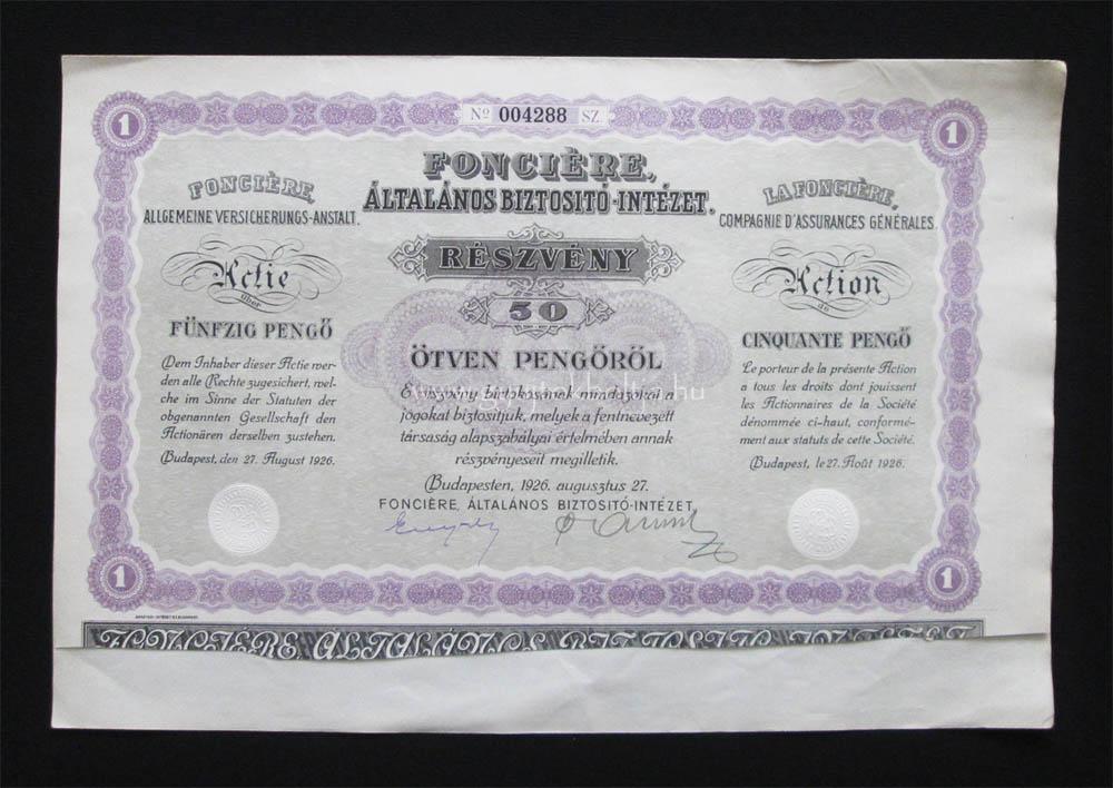 Fonciére Általános Biztosító részvény 50 pengő 1926